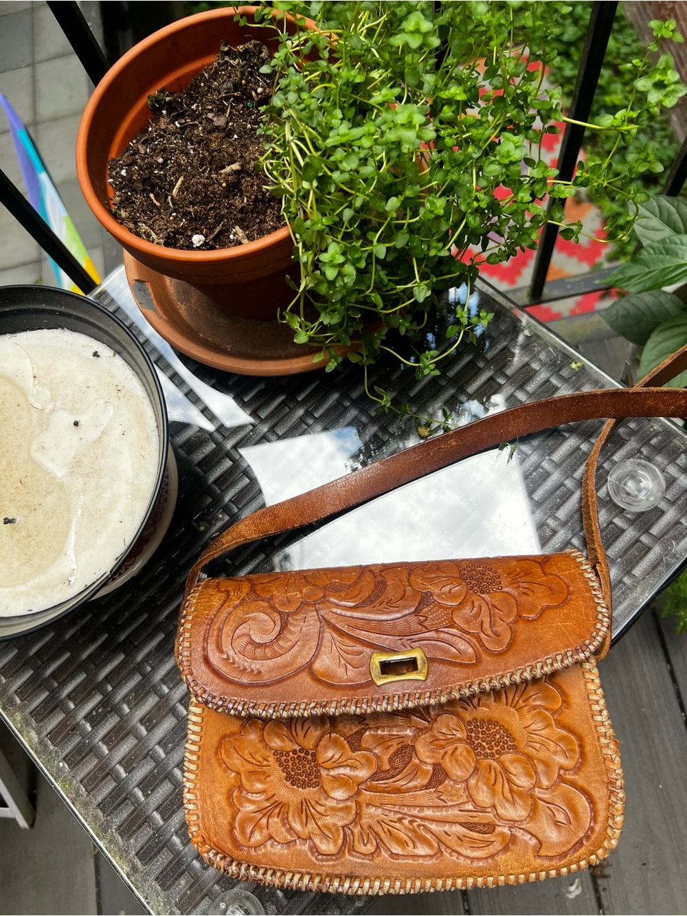 Hand-Tooled Floral Leather Crossbody Bag in Tan - Picture 6 of 6